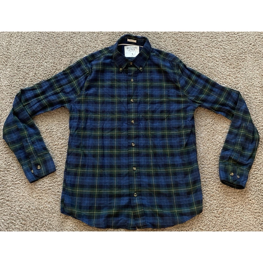 Abercrombie & Fitch Mens Shirt Blue Plaid Flannel Muscle Fit Button Up Sz Small‎